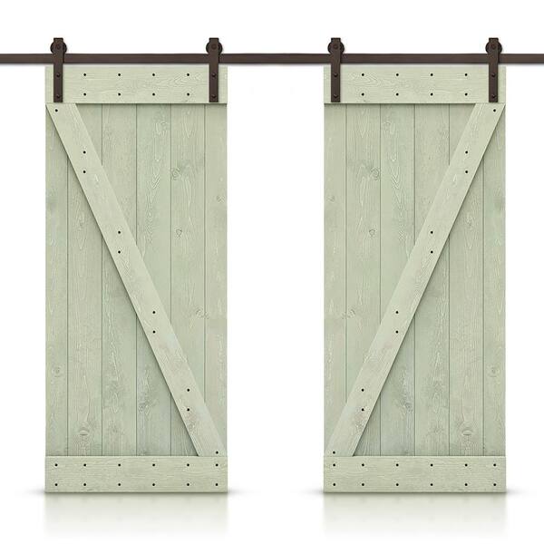 CALHOME 76 in. x 84 in. Z Bar Series Sage Green Stained DIY Solid Pine Wood Interior Double Sliding Barn Door With Hardware Kit