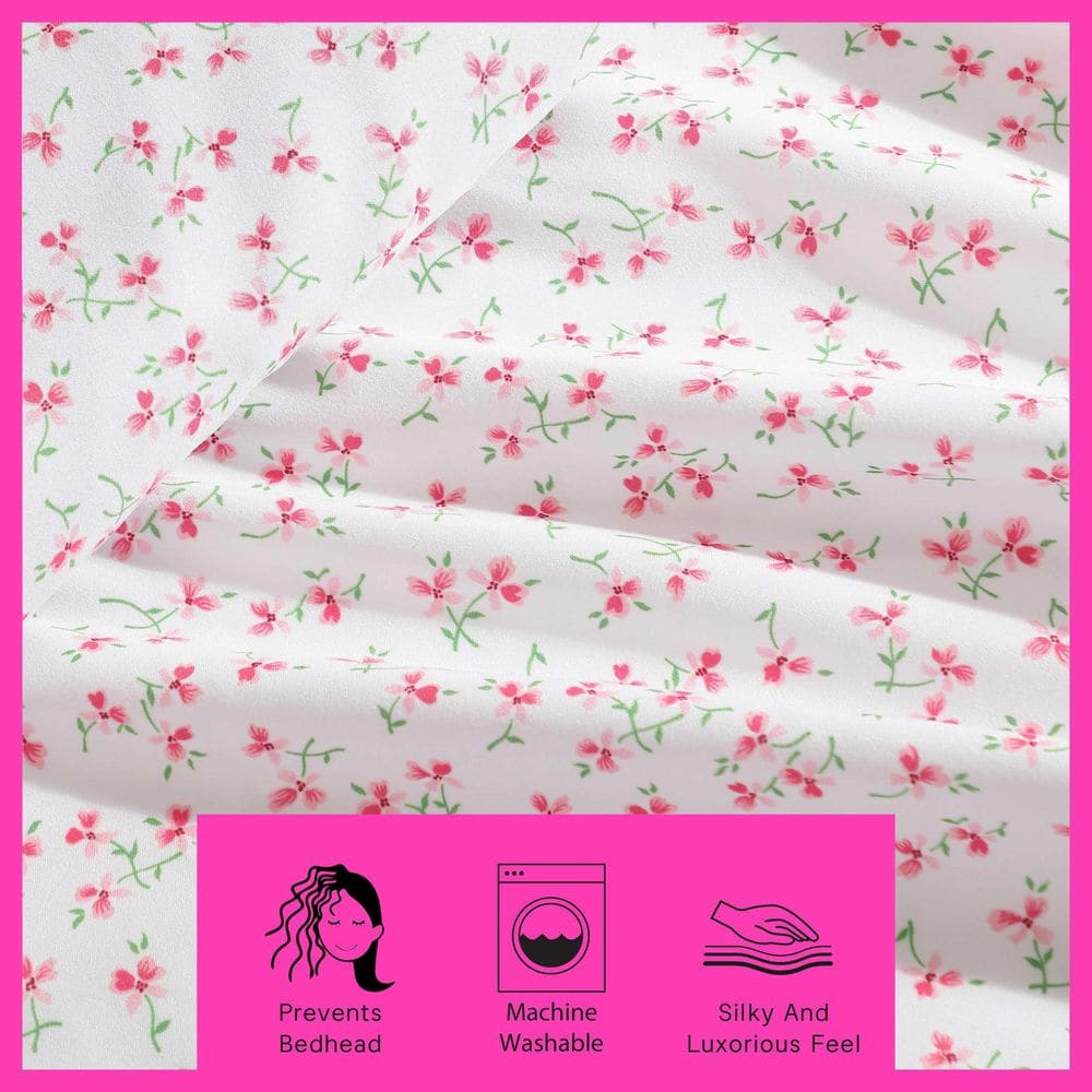 Pink Floral Microfiber Queen Sheet Set with Elasticized Fitted Sheet