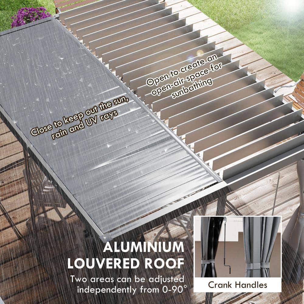 Dark Gray Aluminum Pergola with Adjustable Louvered Roof and Curtains