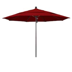 11 ft. Bronze Aluminum Commercial Market Patio Umbrella with Fiberglass Ribs and Pulley Lift in Jockey Red Sunbrella