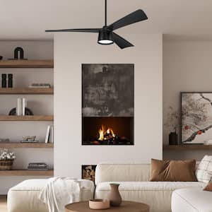 52 in. Black; Flat Black Blades Angled Mount Damp Propeller Outdoor Ceiling Fan w/ Adj. Integrated LED & Remote Included