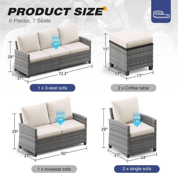 MIRAFIT Gray Wicker 6-Piece Outdoor Sectional Set with Beige