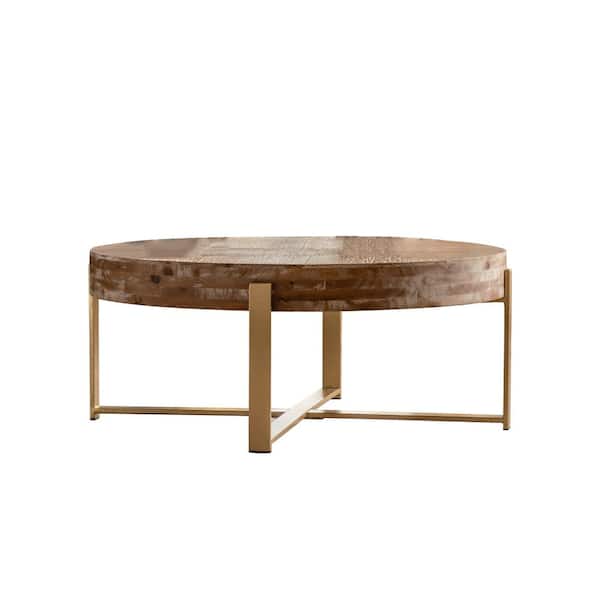 Unbranded 31.29 in. Natural/Gold Round Wood Coffee Table with Metal X-Legs