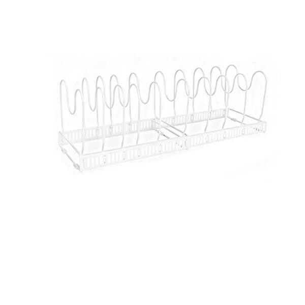 White Adjustable Pot Rack with 13 Dividers, Cutting Board Holder, 6 Non-Slip Silicone Pads for Under-Cabinet Storage