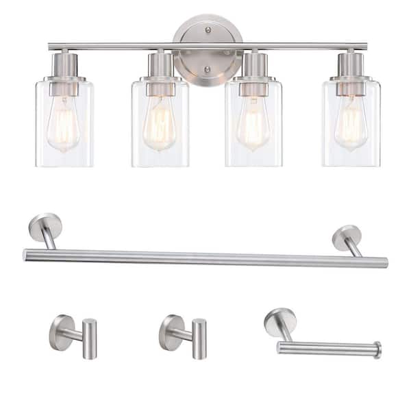 Luna 23 in. 4-Light Brushed Nickel Vanity Light Fixture with Clear Glass Shade (5-Sets)