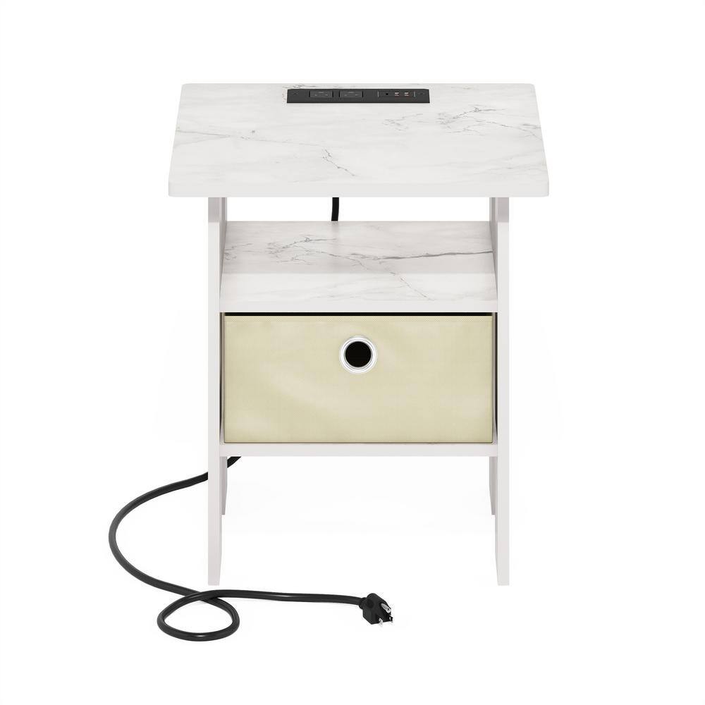 Marble White Charging Station End Table with Storage Bin