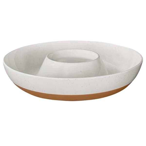 11 in. White Ceramic Chip and Dip Servers Tray, Large Divided Party Bowl Set (Set of 1)