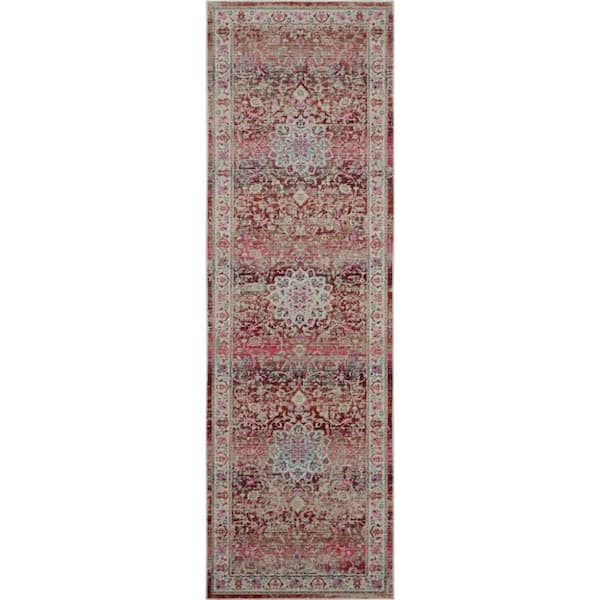 2 ft. x 6 ft. Beige Floral Washable Area Rug