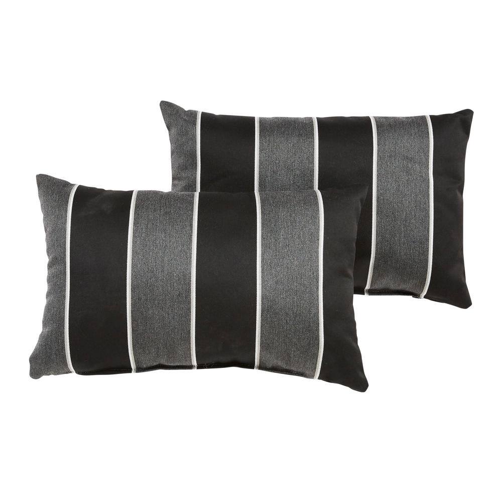 Sunbrella Black Grey Stripe Rectangular Outdoor Knife Edge Lumbar Pillows (
