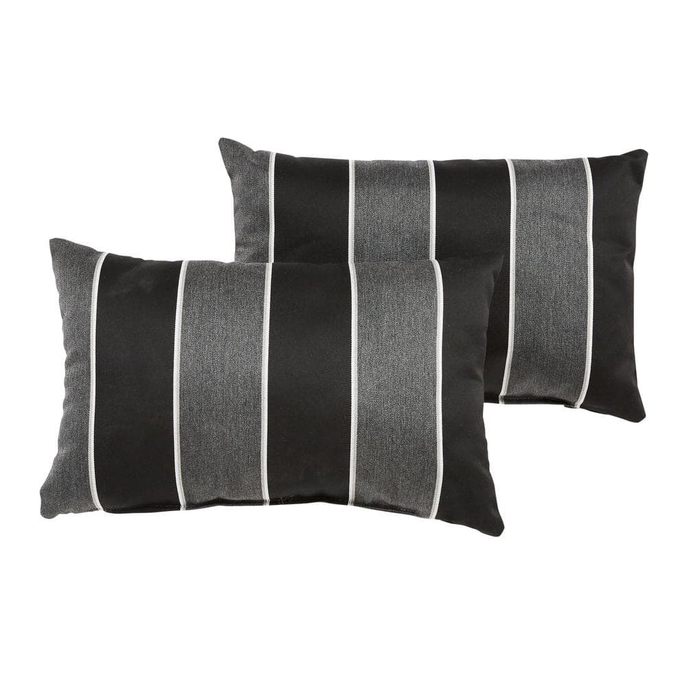 Sunbrella Black Grey Stripe Rectangular Outdoor Knife Edge Lumbar Pillows (
