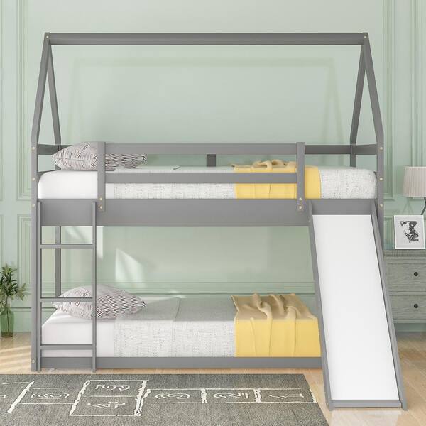 GOJANE Gray Twin Size House Bunk Bed with Slide and Ladder