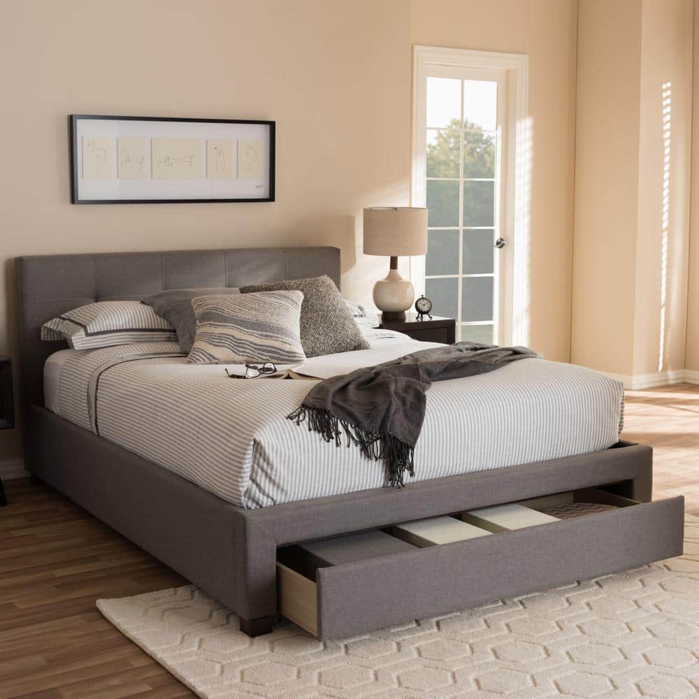 Grey Upholstered Queen Platform Bed with Storage Drawer