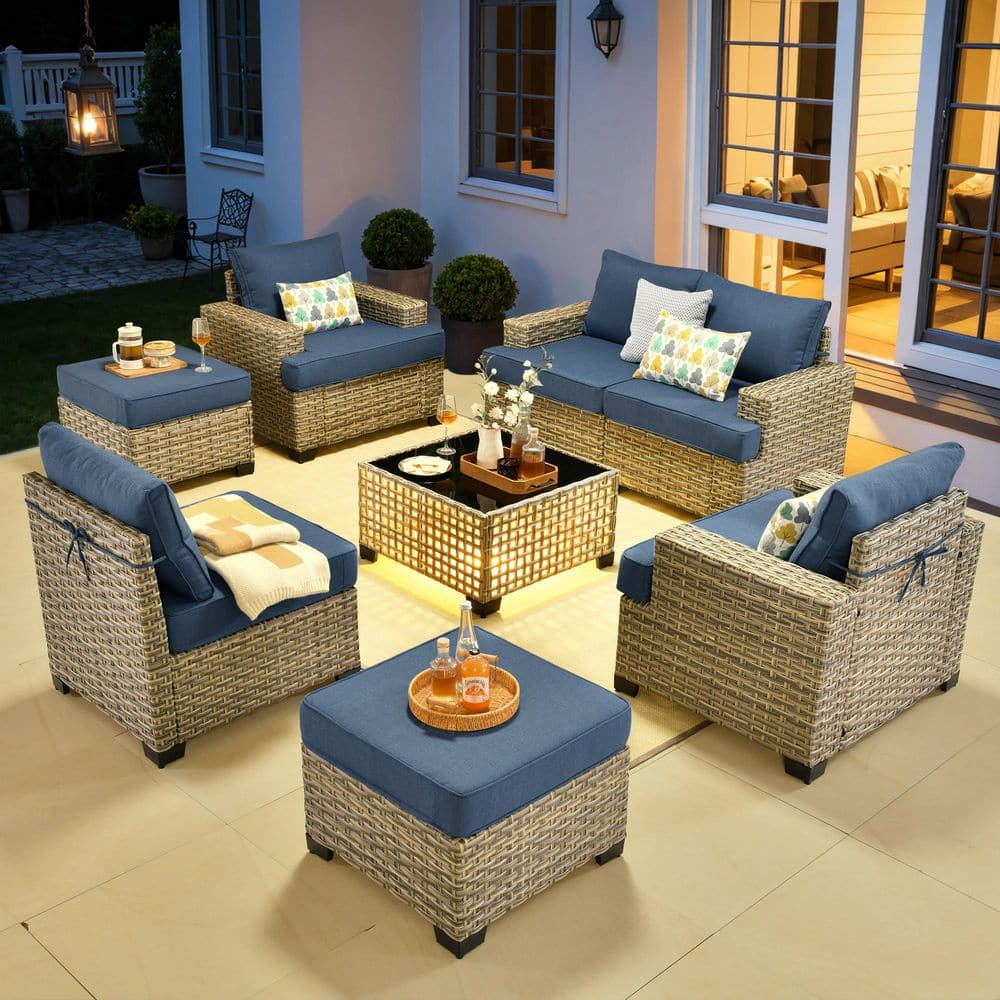 Tiberte Gray 8-Piece Wicker Patio Conversation Seating Set with Denim Blue Cushions and Swivel Chairs price history on PriceWatchPro