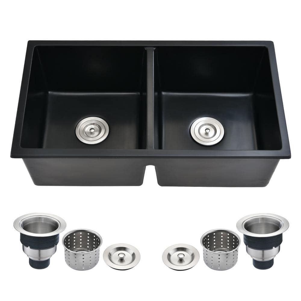 32 in. Undermount Double Bowls Matte Black Bowl Quartz Kitchen Sink Basin w