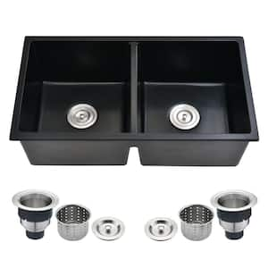 32 in. Undermount Double Bowls Matte Black Bowl Quartz Kitchen Sink Basin with Basket Strainer