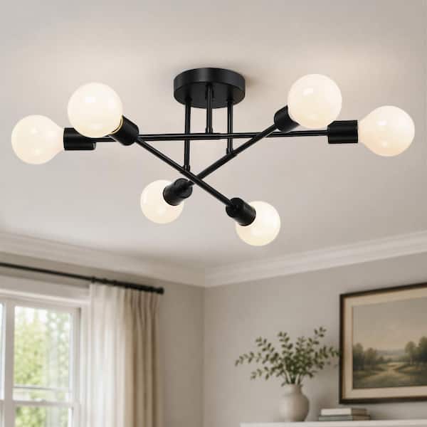 pasentel 15.75 in. 6-Light Modern Black Sputnik Semi-Flush Mount