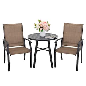 3-Piece Metal Outdoor Bistro Set Patio Furniture with Round Coffee Table and Textilene Armchairs in Brown