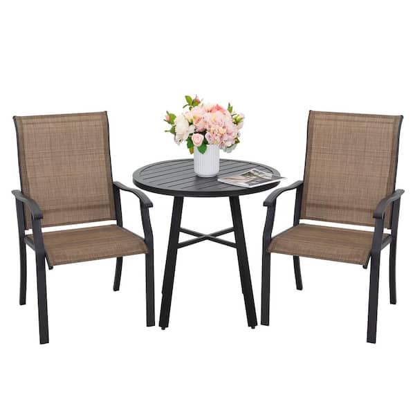 Nuu Garden 3-Piece Metal Outdoor Bistro Set Patio Furniture with Round Coffee Table and Textilene Armchairs in Brown