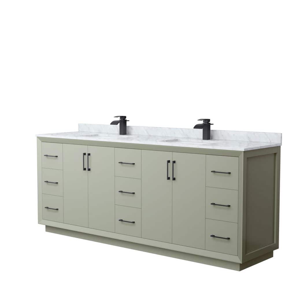 Wyndham Collection Strada 84 in. W x 22 in. D x 35 in. H Double Bath Vanity in Light Green with White Carrara Marble Top, Light Green with Matte Black Trim -  WCF414184DLBCMUNSMXX