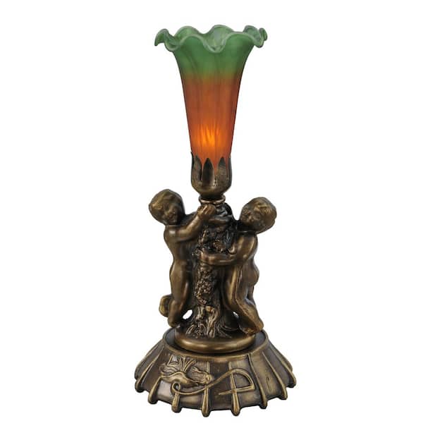 Pond Lily 12 in. Mahogany Bronze Novelty Victorian Twin Cherub Table Lamp with Amber and Green Glass Shade
