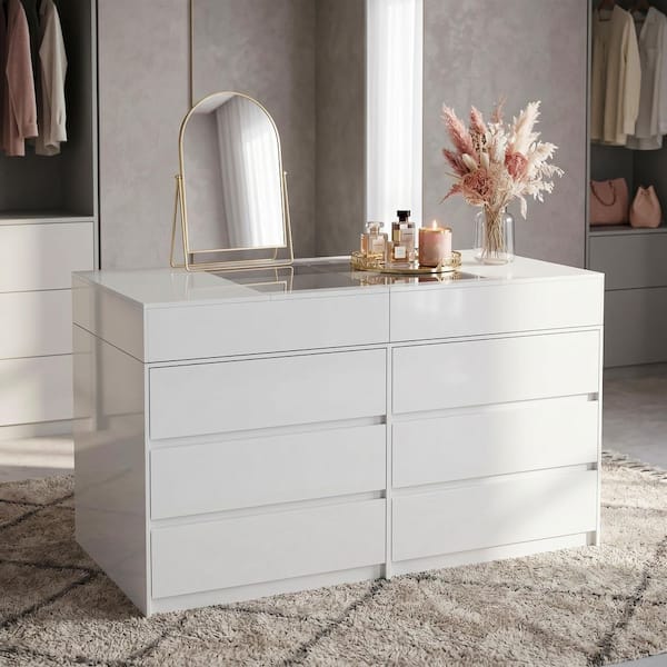 FUFUandGAGA White12-Drawers 63 in. Width Large Bedroom Dresser, Chest of Drawers with Glass Top, Openable Top Storage and 12 Drawers