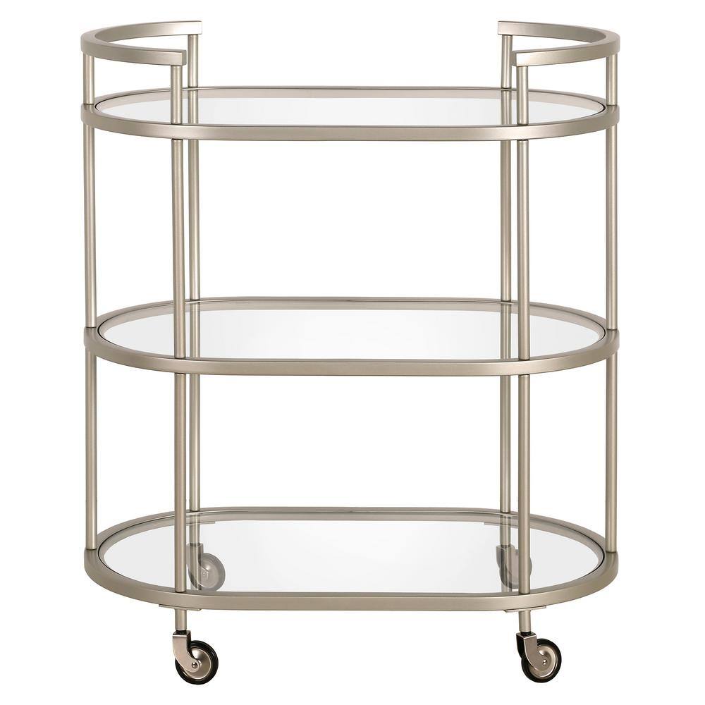 Evelyn&Zoe Satin Nickel Oval Bar Cart with Tempered Glass Shelves