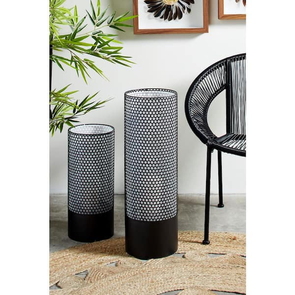 Litton Lane Modern Style Large Round White and Black Metal Lantern Candle with Pierced Metal Pattern