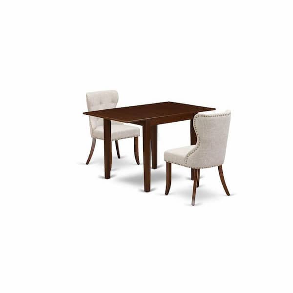 East West Furniture 3-Piece Mahogany Finish Rectangular Solid Wood Top with Dropleaf Dining Table Set