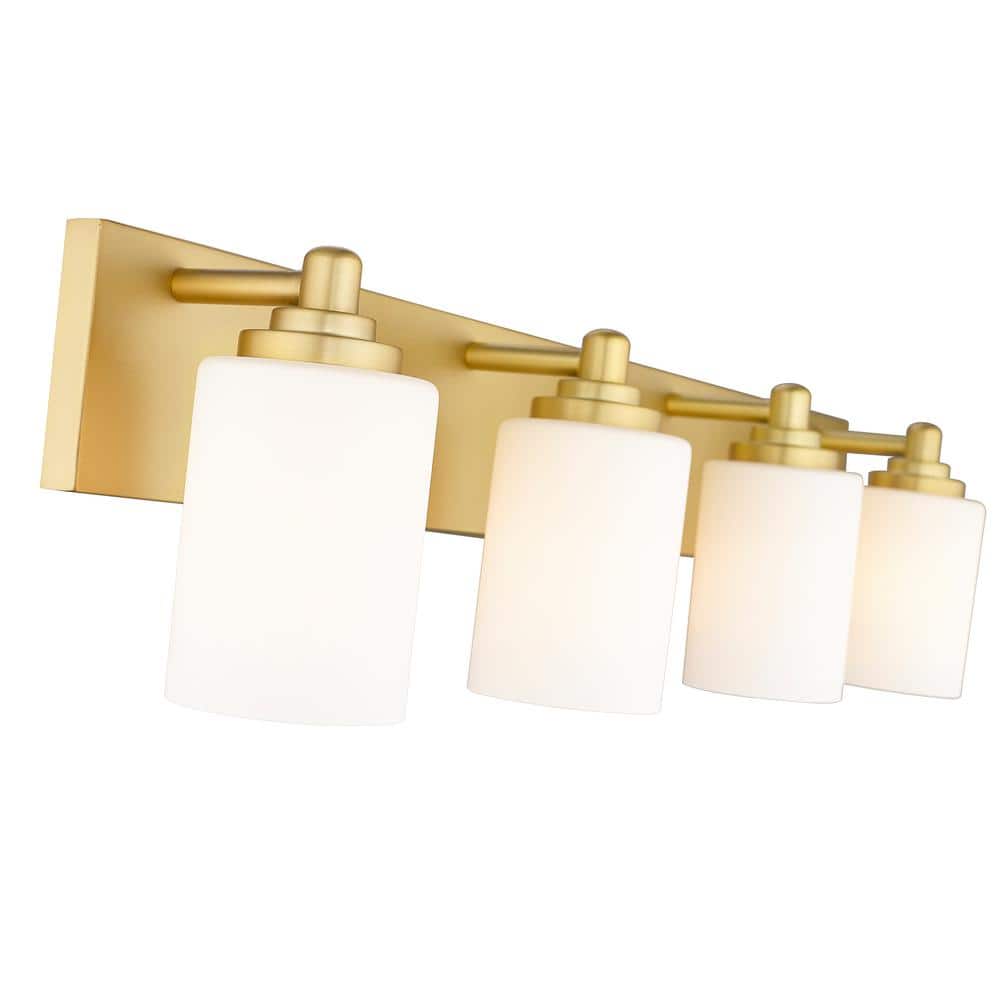 Brushed Gold 4-Light Vanity with White Glass Shades
