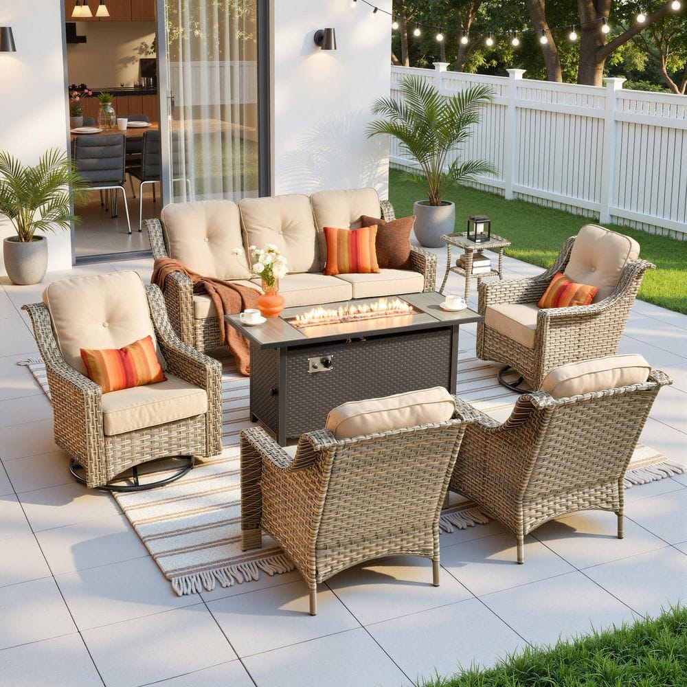 Ville 7-Piece Wicker Patio Fire Pit Outdoor Conversation Sofa Set with Swivel Chairs and Beige Cushions price history on PriceWatchPro