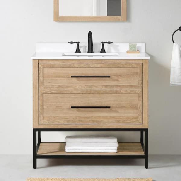 Corley 36 in. Single Sink Weathered Tan Bath Vanity with White Engineered Stone Top (Assembled)