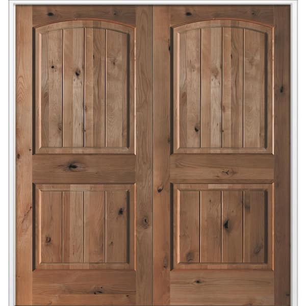 48 in. x 80 in. Rustic Knotty Alder Arch Top VG Both Active True Back Stain Wood Double Prehung Interior French Door