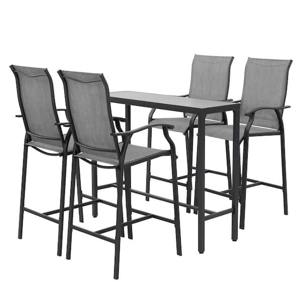 Black 5-Piece Textilene and Metal Outdoor Patio Bar Set with High Backrest and Tempered Glass Tabletop