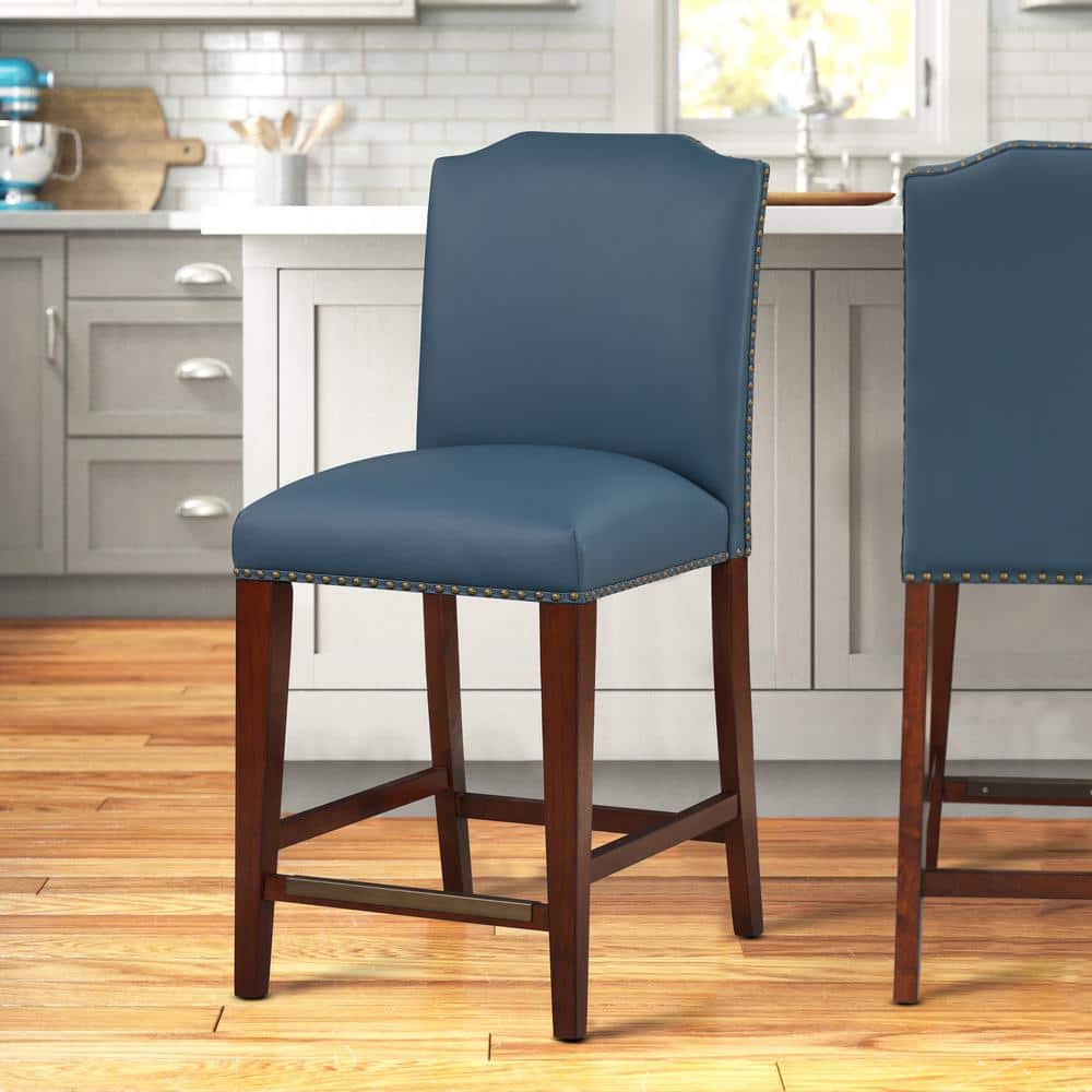 Blue Faux Leather and Wood Counter Stool with Nailhead Trim