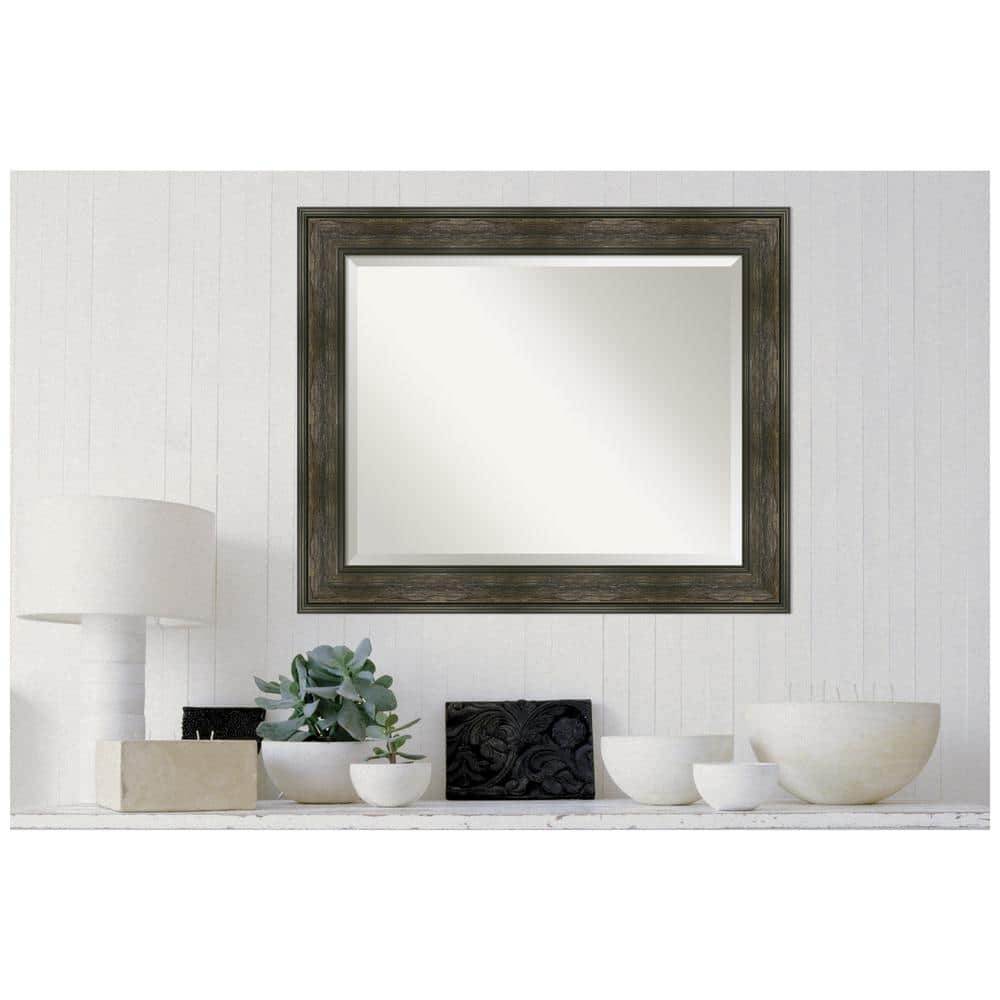 Rail Rustic Char Rectangular Bronze and Silver Bathroom Mirror 34 x 28 in