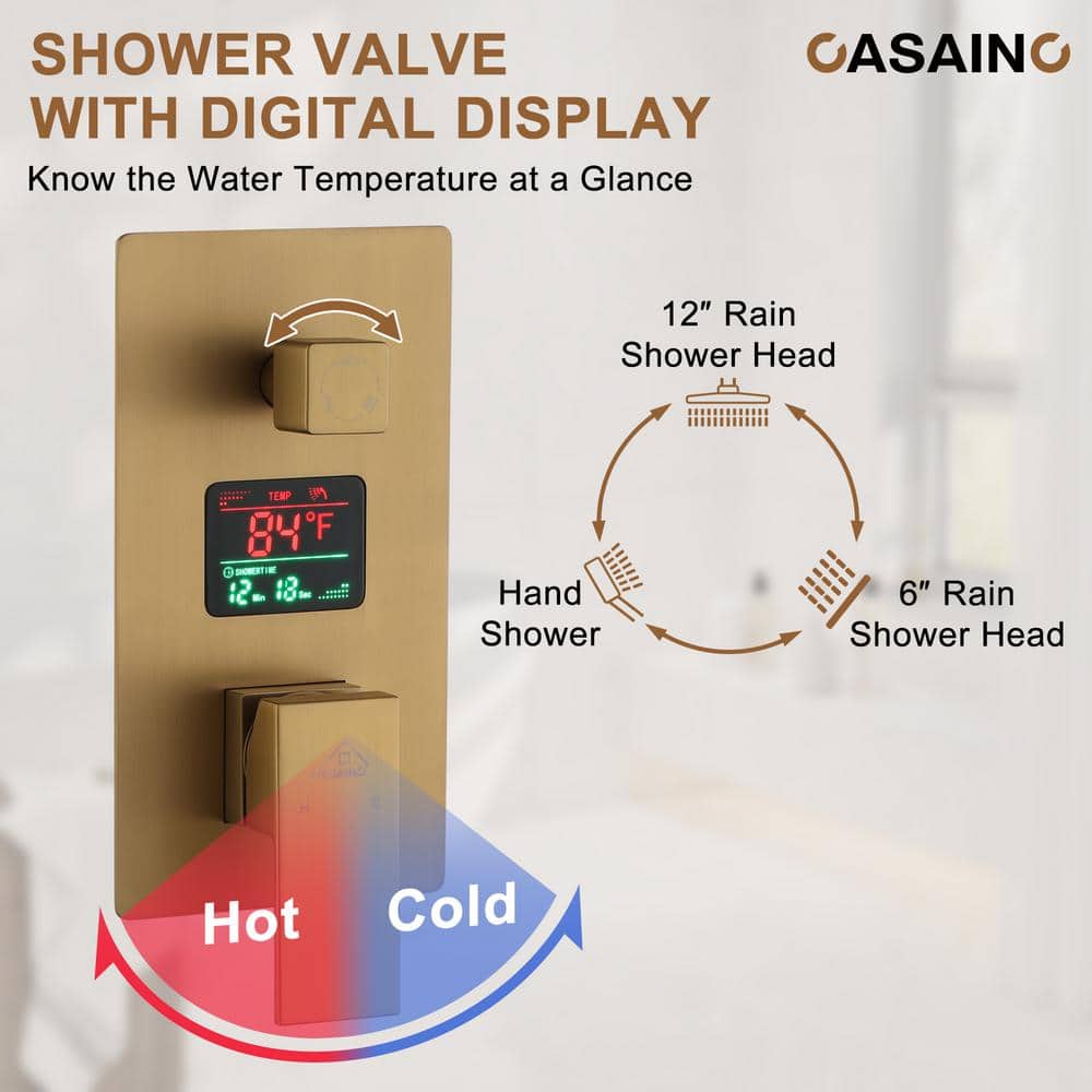 Brushed Gold Digital Display Dual Shower Head System