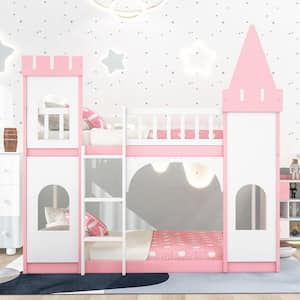 Pink Wood Twin over Twin Bunk Bed with Ladder and Guardrail, Kids Cartoon Castle Playhouse