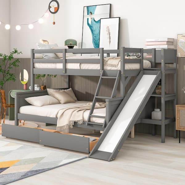 Harper & Bright Designs Gray Twin over Full Bunk Bed with Two Drawers, Slide and Shelves