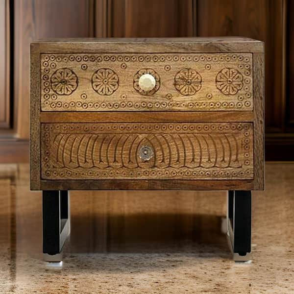 Benjara 21.3 in. Light Natural Brown 2-Drawers Wooden Nightstand