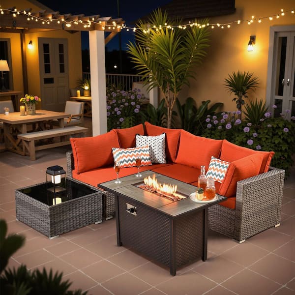 Elora Gray 6‑Piece Wicker Outdoor Sectional Set with Fire Pit, Orange Red Cushion & Coffee Table for Patio, Yard, Deck