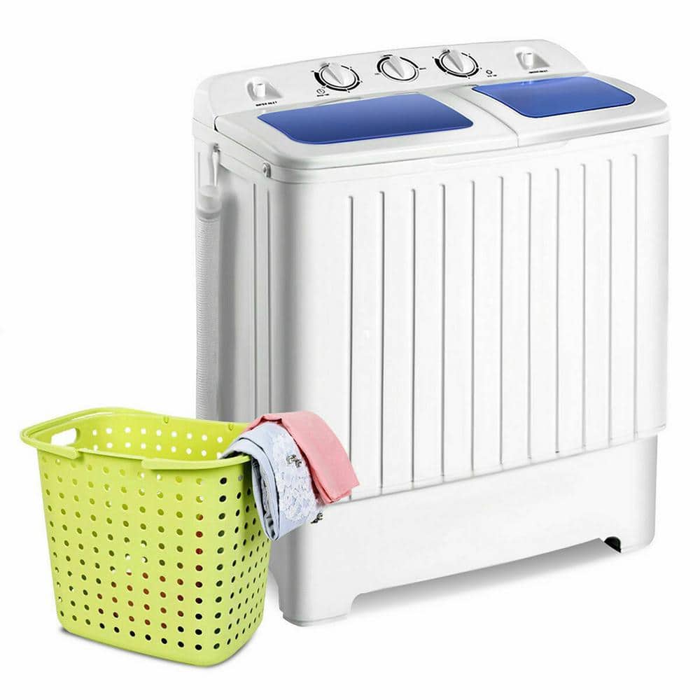 Gymax 1.6 cu. ft. Compact Portable Top Load Washer Machine Twin Tub 20 lbs. Washer Spinner Home Dorm in White, Blue + White