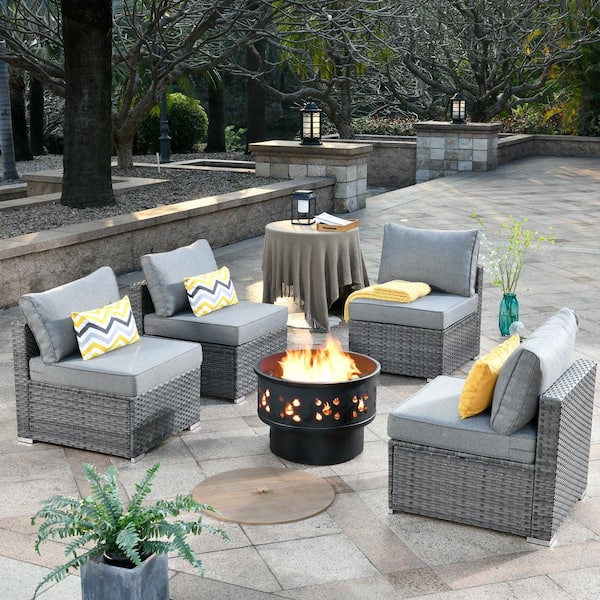 Sanibel Gray 5-Piece Wicker Outdoor Patio Conversation Sofa Set with a Wood-Burning Fire Pit and Dark Gray Cushions