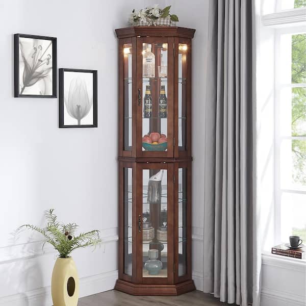 Walnut 6-Tier Curio Display Accent Cabinet w/Adjustable TemperedGlass Shelves, Mirrored Back, E26 LightBulb Not Included