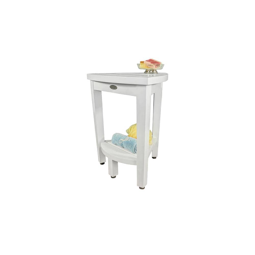 Adjustable White Teak Wood Corner Shower Bench with Shelf