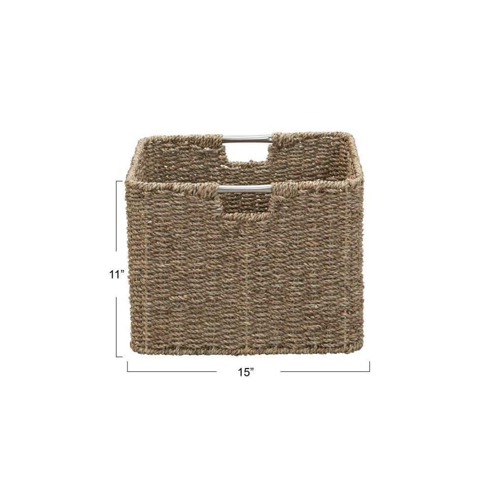 Natural Seagrass Square Wicker Basket with Metal Handles