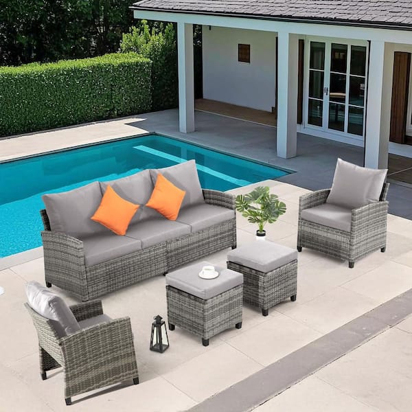 JUSKYS New Gray 5-Piece Wicker Outdoor Patio Conversation Seating Set with Gray Cushions and Ottomans