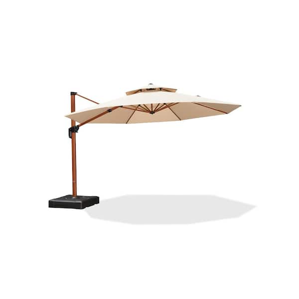 PURPLE LEAF 13 ft. Octagon High-Quality Wood Pattern Aluminum Cantilever Polyester Patio Umbrella with Wheels Base, Beige