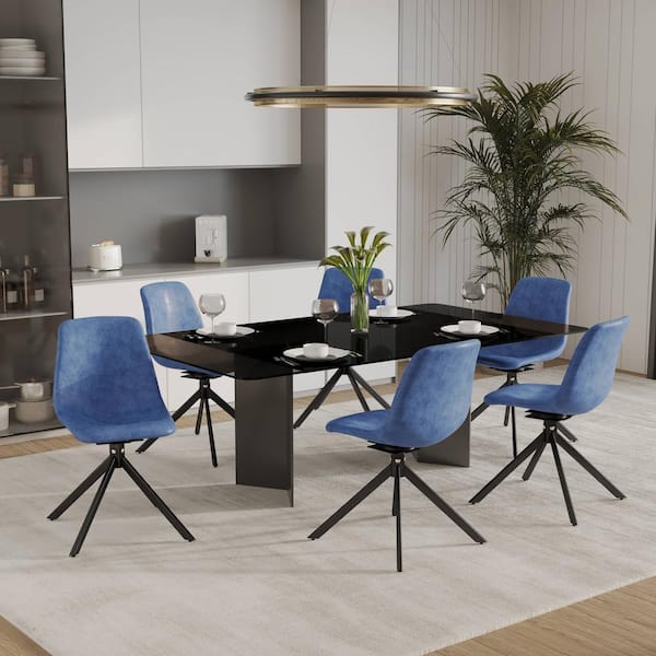 Leather Dining Chair with 360° Swivel in Black Iron Ergonomic Modern Accent Side Chair in Blue