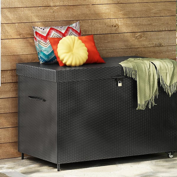 230 Gal. Black Wicker Deck Box with Wheels, All-Weather Outdoor Rattan Box, Storage Bin for Patio Furniture
