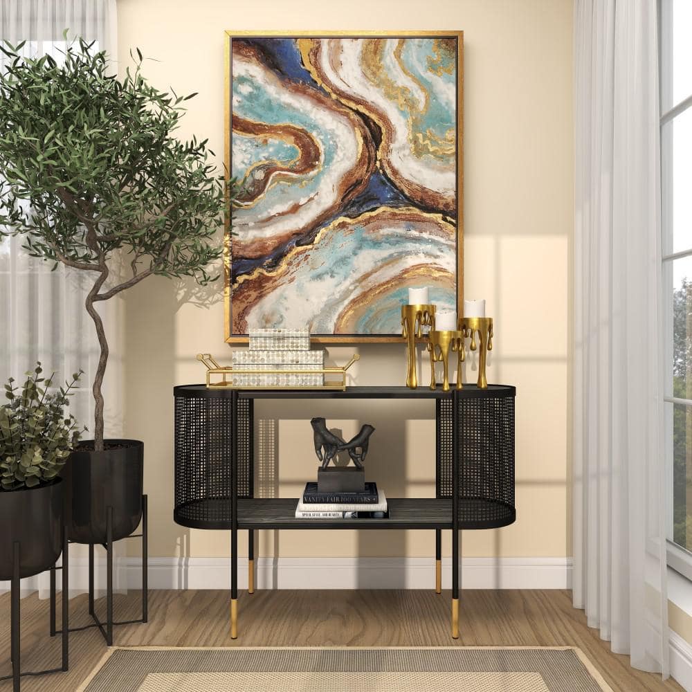Elegant Black Metal Console Table with Storage Shelf